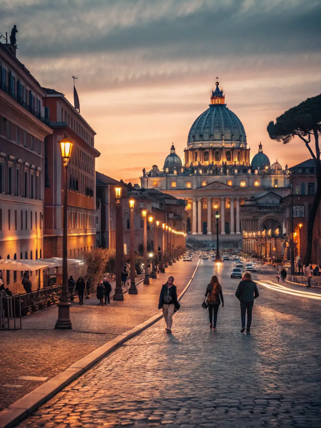 A vibrant street scene in Rome, Italy, showcasing the architectural beauty and bustling atmosphere of the city center, representing AppartMania's city center property management services.
