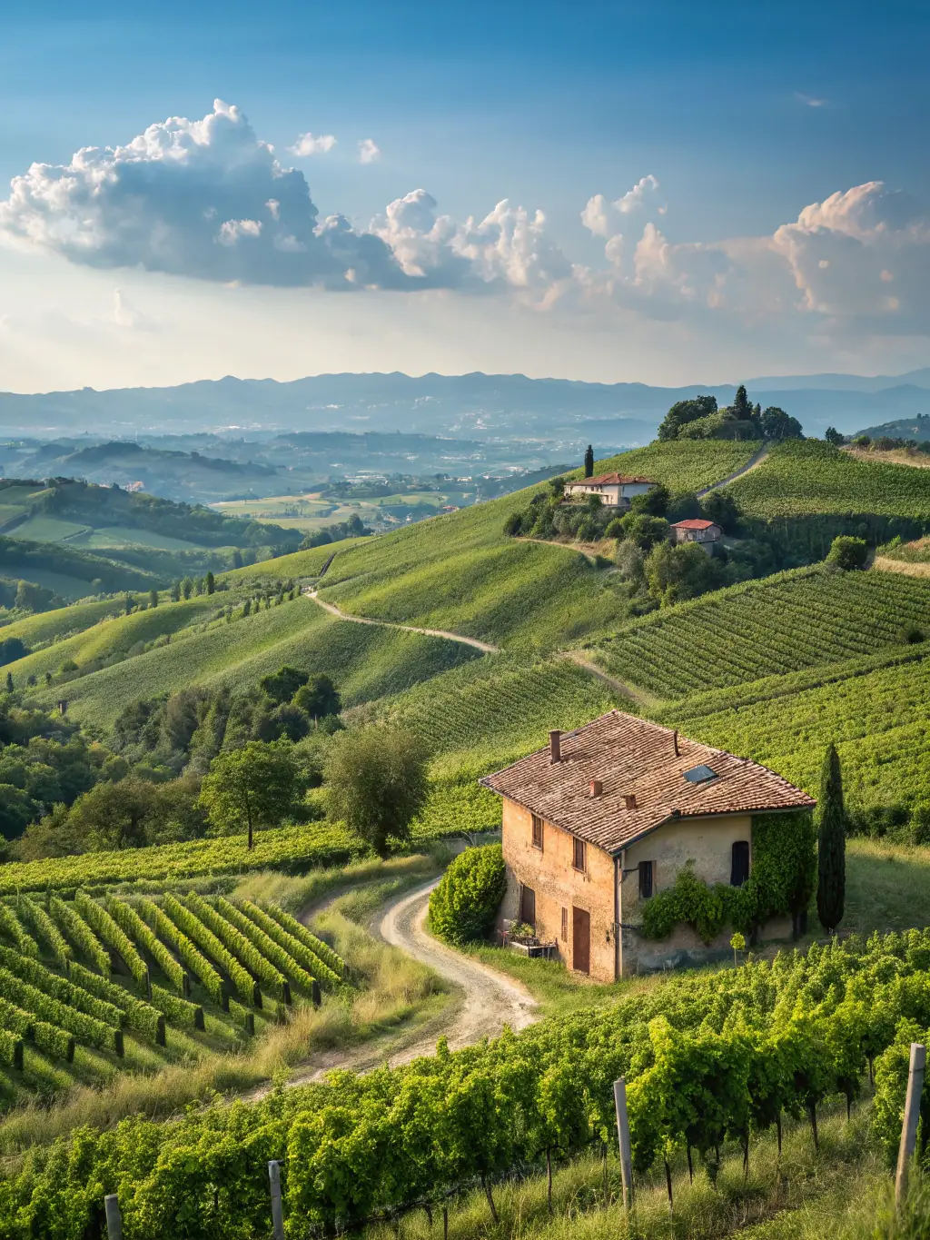 A serene image of a Tuscan villa surrounded by vineyards and rolling hills, capturing the tranquility and rustic charm of the Italian countryside, representing AppartMania's countryside retreat property management services.