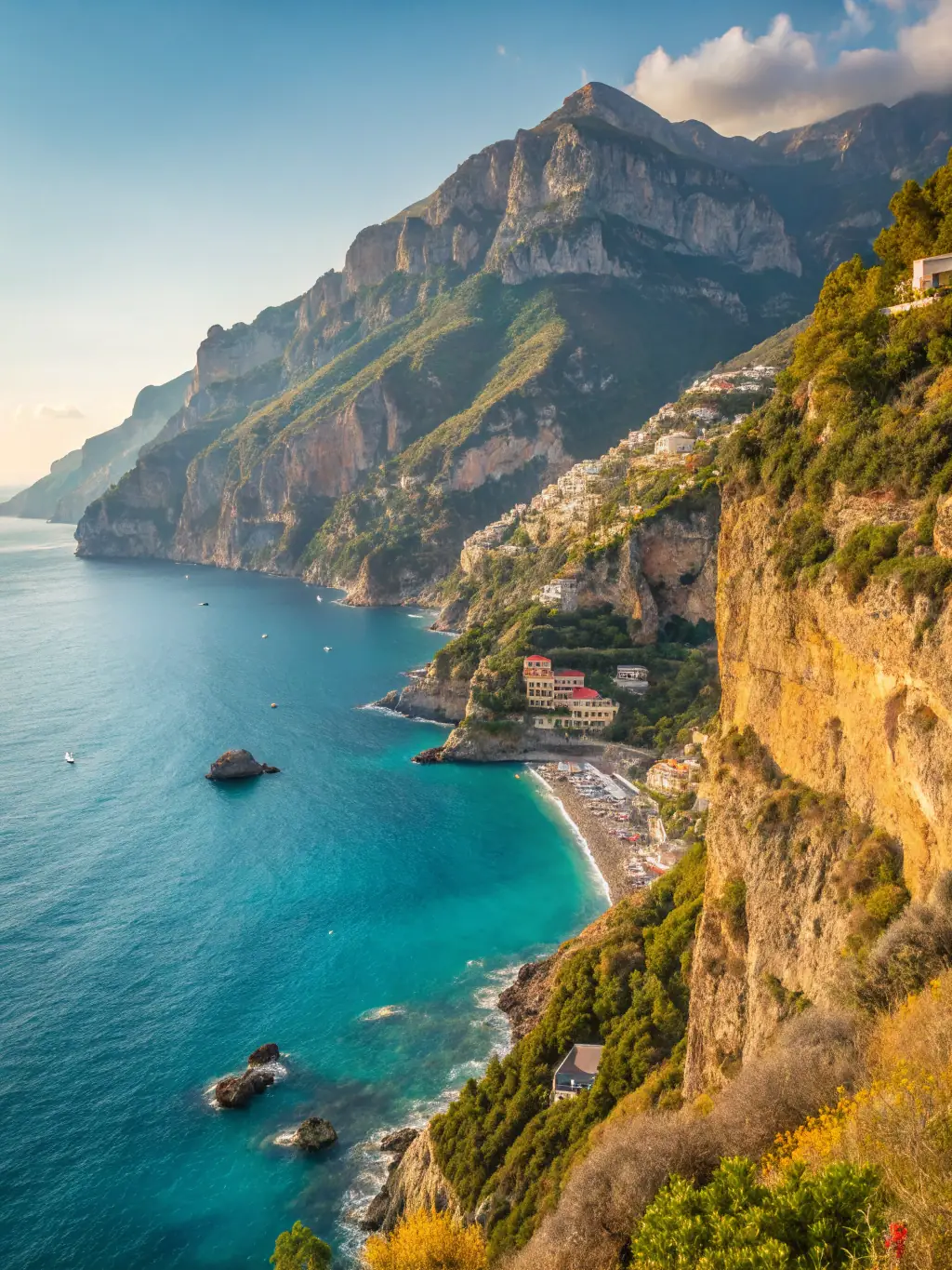 A picturesque view of the Amalfi Coast, with colorful houses clinging to the cliffs and the sparkling Mediterranean Sea below, representing AppartMania's coastal property management services.