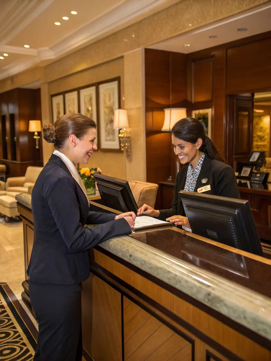 A friendly concierge assisting guests at a luxury apartment complex in Florence, highlighting the personalized guest services provided by AppartMania.