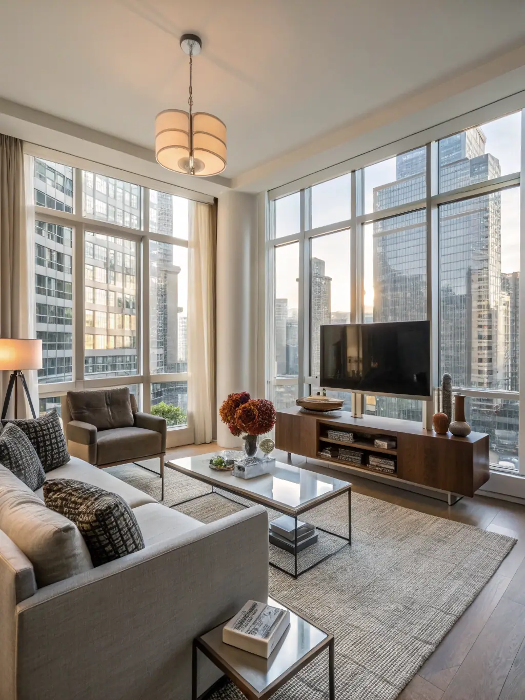 A brightly lit, professionally photographed interior of a modern apartment in Milan, showcasing its stylish furniture and open layout, emphasizing its appeal to potential renters.