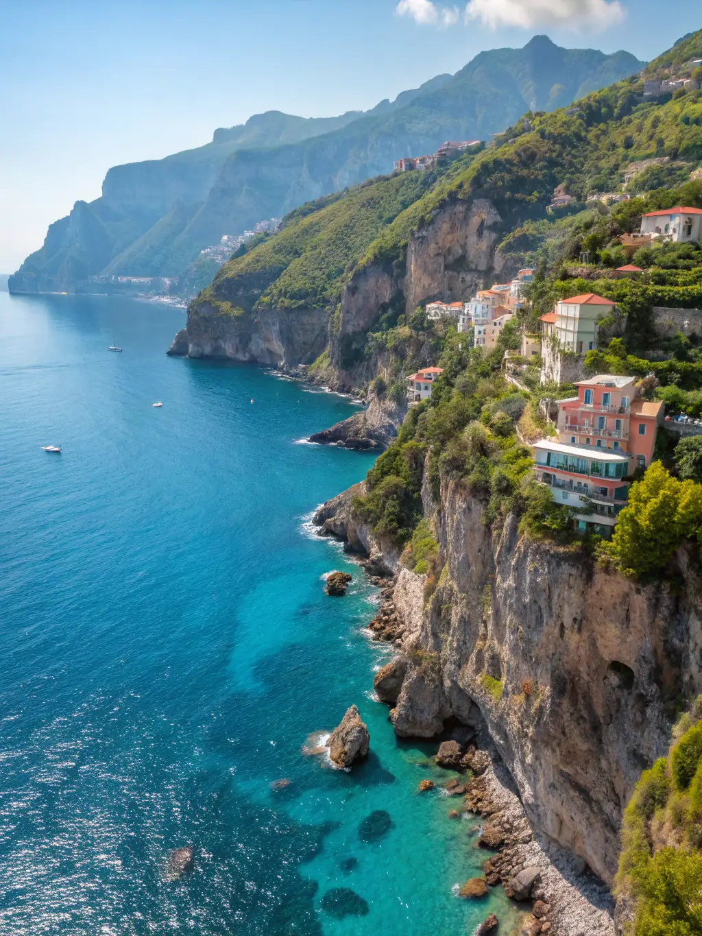 A panoramic view of the Amalfi Coast with several luxury apartments visible, illustrating the prime locations managed by AppartMania.